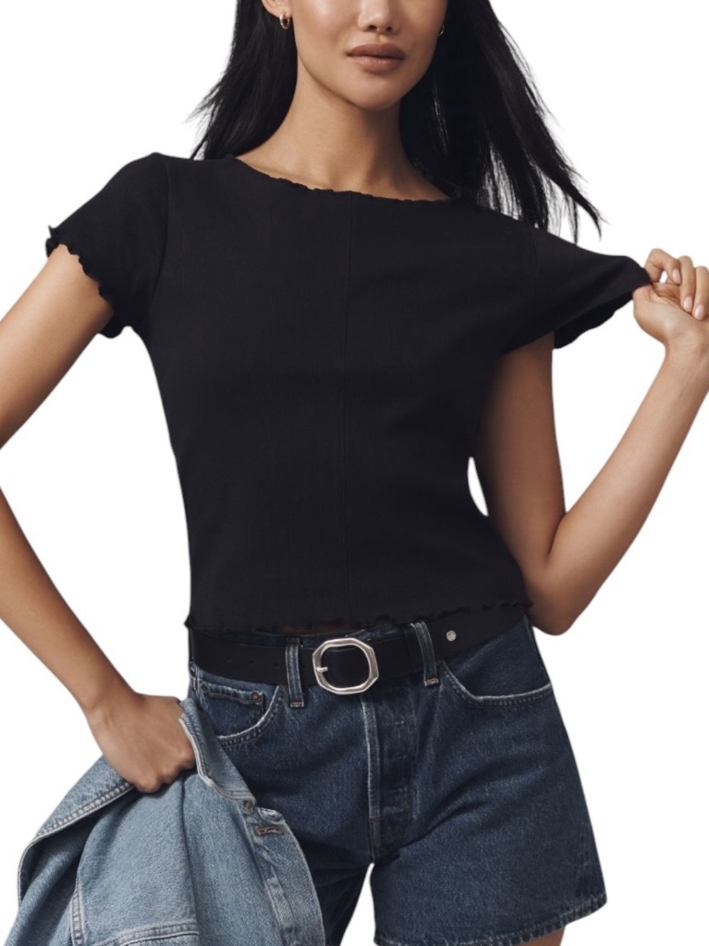NEW Pilcro Ruffle-Trim Black Baby Tee Size Small Anthropologie